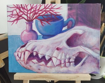 Imaginary Still Life I Original Wolf Skull Painting, Gothic Art, Witchy Magic Home Decor,