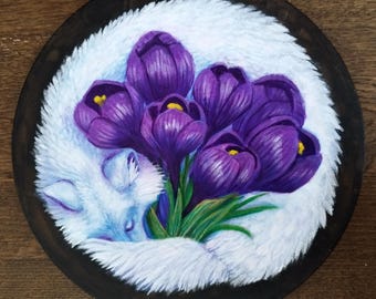 Original Arctic Wolf Painting with Crocus Flowers | Whimsigoth Fantasy Animal Art