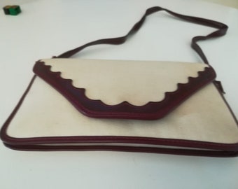 Vintage Ecru canvas and Brown faux leather 70's clutch