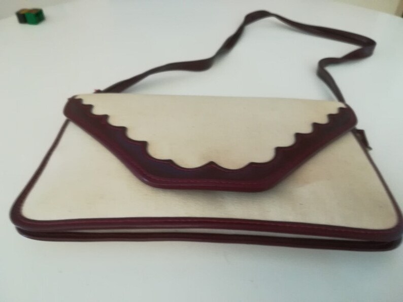 Vintage Ecru canvas and Brown faux leather 70's clutch image 1