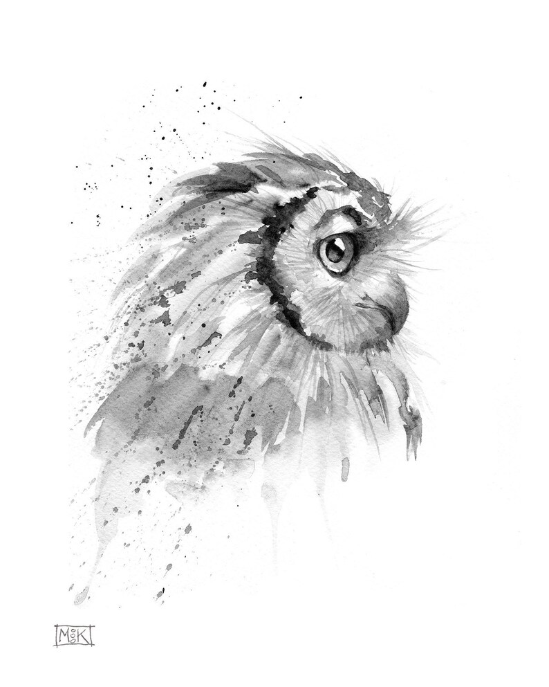 Black and White Art, Owl Watercolor Print Download, Owl Watercolor ...