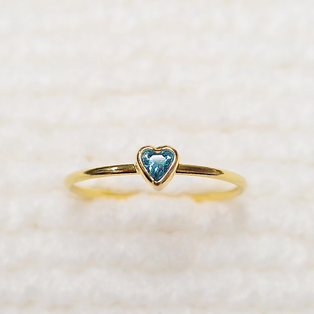 3mm Heart Bezel Set Stacking Ring With Aquamarine CZ • Gold Filled ...