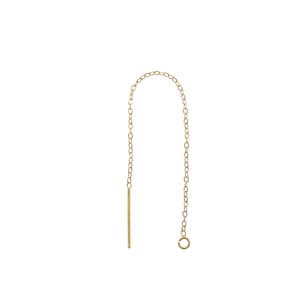 May include: A single gold-colored earring with a chain and a straight bar. The chain is made of small, connected links, and the bar is a thin, solid piece. The earring has a small, circular clasp at the end of the chain.