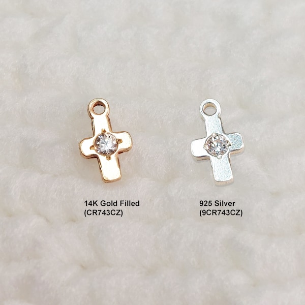 CR743CZ Gold Filled (14KGF) / 925 Silver 7.0 x 4.3mm Mini Cross Charm With CZ For Bracelet Necklace Making Findings Jewelry DIY Accessories