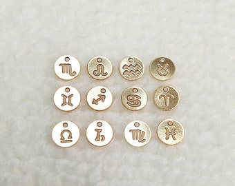 7RDCSTE24GA Gold Filled (14KGF) / 925 Silver Minimalist Zodiac Horoscope Constellations Sign 7mm Round Disc Charms with Single hole, 24ga