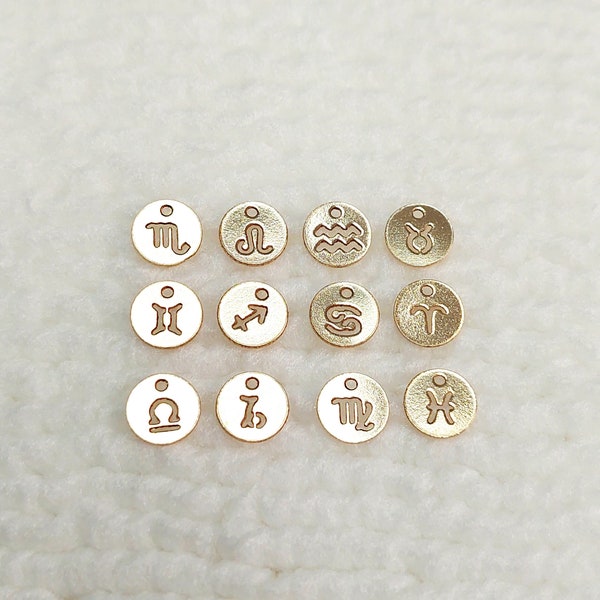 7RDCSTE24GA Gold Filled (14KGF) / 925 Silver Minimalist Zodiac Horoscope Constellations Sign 7mm Round Disc Charms with Single hole, 24ga