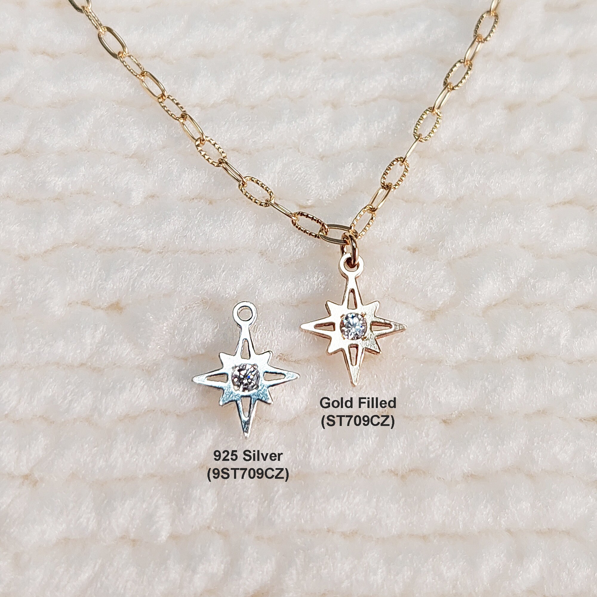 たぬきち様 【匿名配送】スピネル 等 チャーム  ハンドメイド ST709CZ Mini North Star Charm With CZ 7mm X 8.76mm Gold