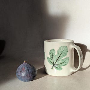 Handmade Stoneware Pottery Mug, 350ml, Slab Built, Fig Leaves mug #B