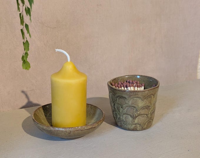 Mossy green handmade ceramic candle holder, with beeswax candle. slab built pottery