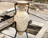 Earthenware beige Italian amphora Pottery double handled jug vessel with tripod wire stand Vintage antique vase Outdoor decor Christmas gift