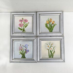 Flowers oil paintings TIny floral art Botanical small wall handing set of 4