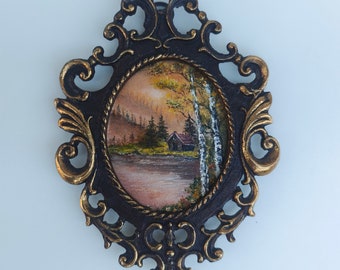 Brass frame tiny landscape oil painting Victorian small original wall art