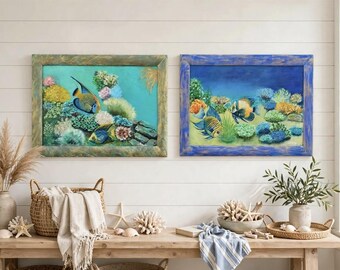 Set of 2 Original Angelfish Oil Paintings - Textured Coral Reef Impasto Art - Coastal Beach House Wall  - Framed 20x30cm OOAK