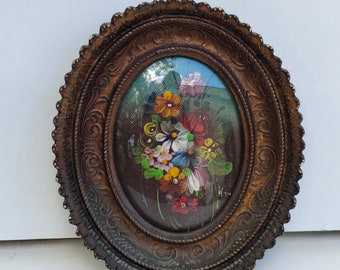 Vintage 50s framed flowers oil painting Ornate tiny wall art Floral artwork