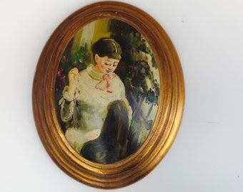 Vintage 60s oval countex  boy painting on wood Gold framed antique art