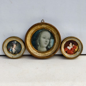 Cuadros redondos en miniatura con marco de madera, láminas decorativas vintage, juego de 3, estilo barroco rococó.