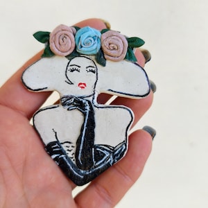 Woman face with hat large brooch Ladies portrait broach Extravagant jewelry