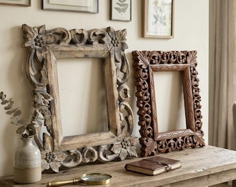 Set of 2 Hand Carved Wooden Picture Frames 5x7 | Vintage Rustic Boho Gallery Wall Decor | Cottagecore Wabi Sabi Ornate Frames