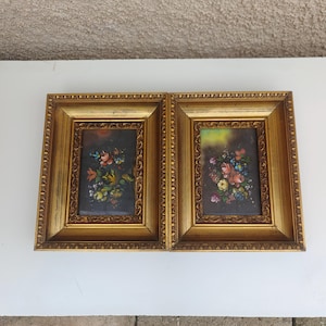 Pinturas al óleo de flores enmarcadas adornadas, arte de pared floral original, juego de 2