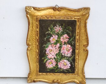 Vintage framed in wood small oil flowers painting Ornate floral art