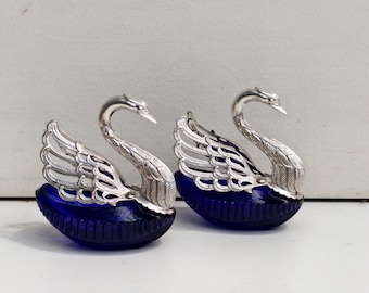 Silver 800 swans  with moving wings salt cellar bowl Cobalt blue