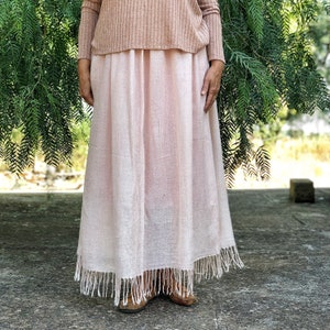 Vintage 80s pastel pink knit long boho skirt with fringe size L/XL