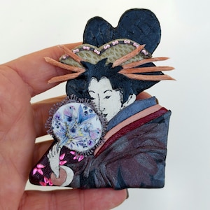 Japanese woman large brooch art Oriental ladies face broach Asian hand painted jewelry