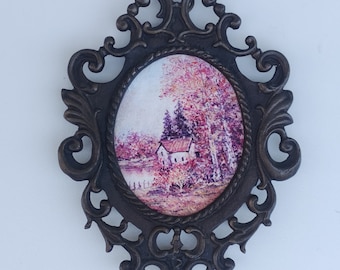 Brass frame tiny landscape oil painting Victorian small original wall art
