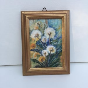 Pintura al óleo de flores de diente de león Pequeña pintura floral original Arte de pared diminuto en colores pastel