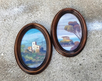 Vintage 70s framed oval oil paintings Small old landscape wall art, set of 2