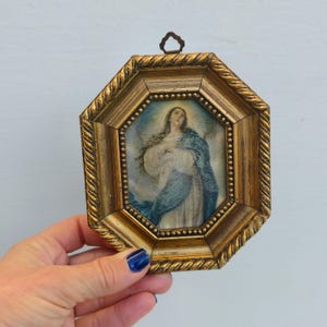 Tiny framed in gold silk print Religios miniature painting Small wall handing l