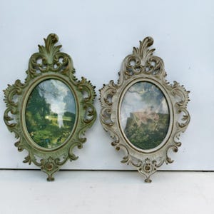 Juego de 2 láminas ovaladas con marco ornamentado, estilo vintage, para colgar en la pared, estilo barroco rococó.