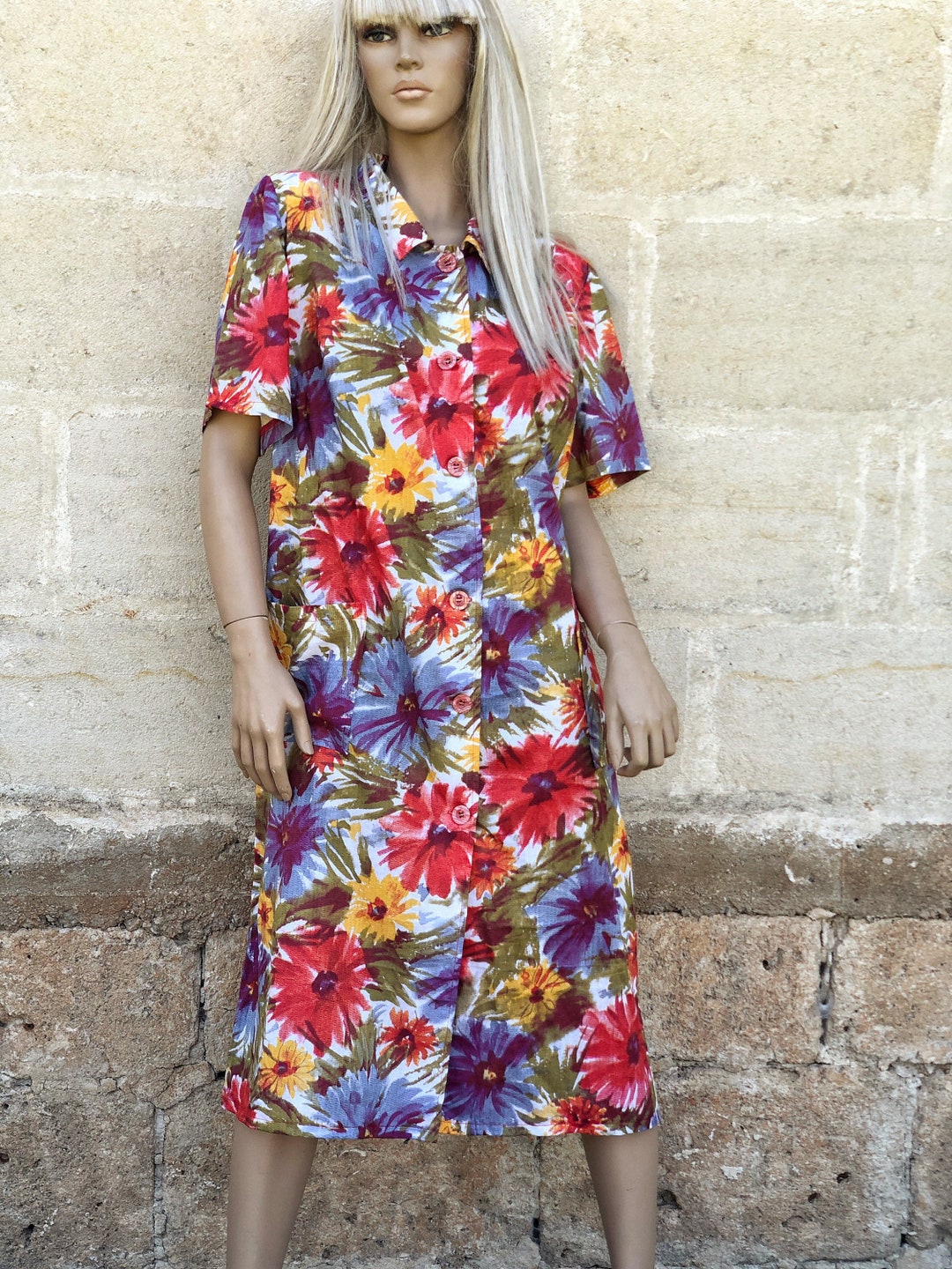 Cotton House Dress With Large Flowers Print Short Sleeves Etsy Australia