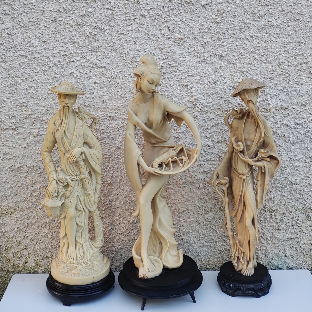 High Chinese Resin Statues Carved Asian Figures Tall Oriental Woman and