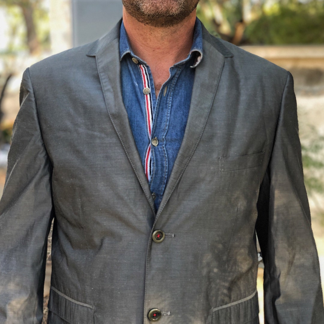 Vintage Grey Suit Jacket for Men Retro Cotton Blend Lightweight Blazer