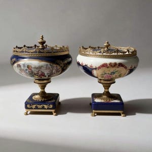 Urna med lock från italienskt porslin, 1960-talets Alfa Rococo blåguld, Hollywood Regency-manteldekor, gåva för Grandmillennial