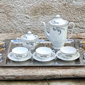 Vintage 40er Jahre feines Porzellan 3-köpfiges Kaffee-Set Espressotassen mit Untertassen Zuckerdose und Kaffeekanne Epiag DF Czechoslovakia