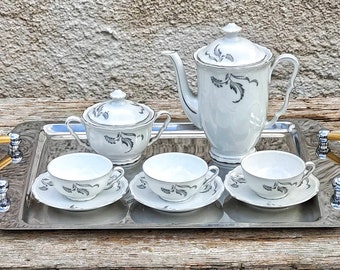 vintage 40s porcelaine fine 3 persone coffee set Tasses à expresso avec soucoupes sucrière et cafetière Epiag DF Tchécoslovaquie