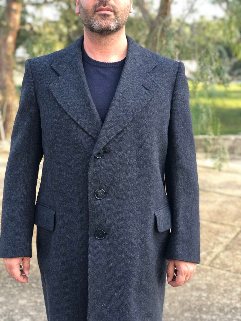 Vintage 90s wool mens trench coat Classical dark grey | Etsy