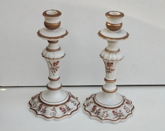 Antique porcelain candlesticks  Pair  candleholder Victorian candle holders with roses print