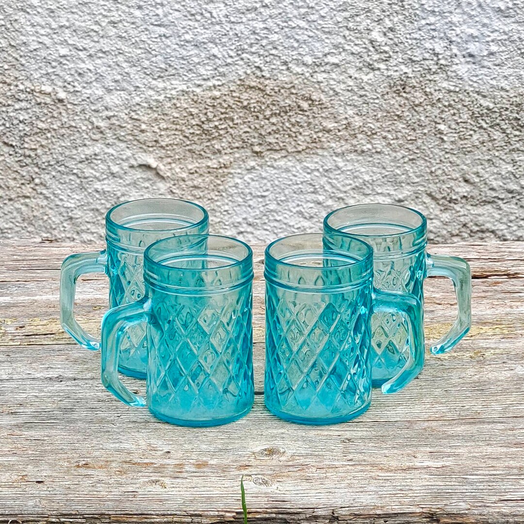 Vintage Small Turquoise Mugs Tea Glass Cups With Handle Set of Etsy