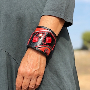 Wide leather wrist cuff bracelet for woman Bold red black men’s wristbands