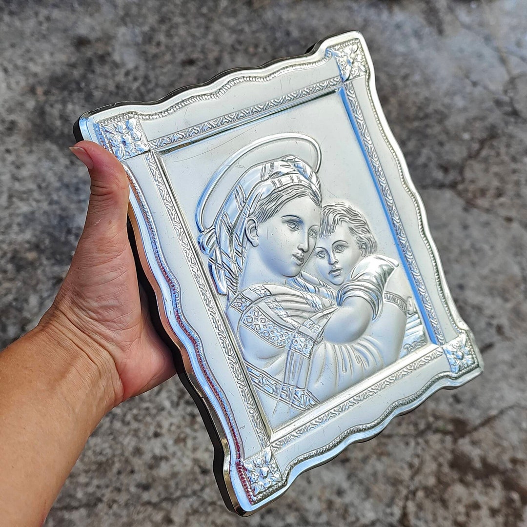 Silver Plated Standing Madonna and Child Icon Metal Painting on Wooden ...