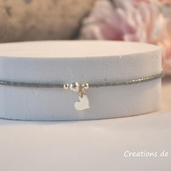 Bracelet miyuki gris foncé et coeur argent 925