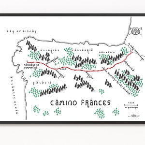 Carte de CAMINO FRANCES | Carte des sentiers | Art cartographique minimaliste | Art mural | Impression artistique