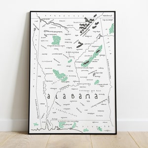 Carte de l'ALABAMA | Art cartographique minimaliste | Art mural | Impression artistique