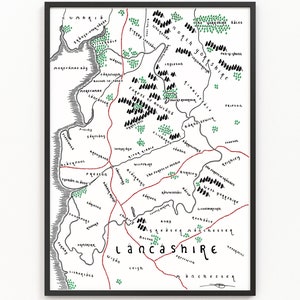 Carte du LANCASHIRE | Carte du comté | Art cartographique minimaliste | Art mural | Impression artistique