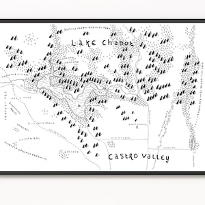 Carte imprimée du LAC CHABOT (et la vallée de Castro) | Art cartographique minimaliste | Art mural | Impression artistique