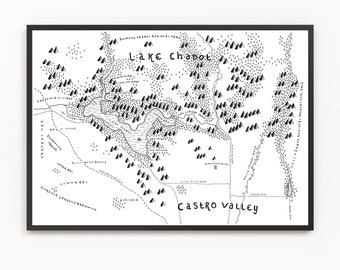 LAKE CHABOT (& Castro Tal) Karte Drucken | Minimalistische Karten Kunst | Wandkunst | Kunstdruck