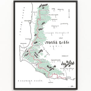 Carte du SENTIER MUNDA BIDDI | Carte des sentiers | Art cartographique minimaliste | Art mural | Impression artistique